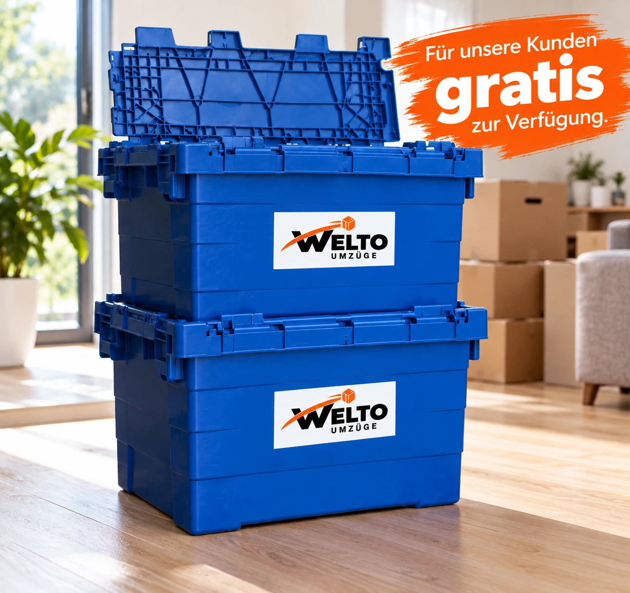Blaue Umzugskisten: nach bestätigter Privatumzugs-Offerte gratis; Lieferung und Abholung kostenpflichtig