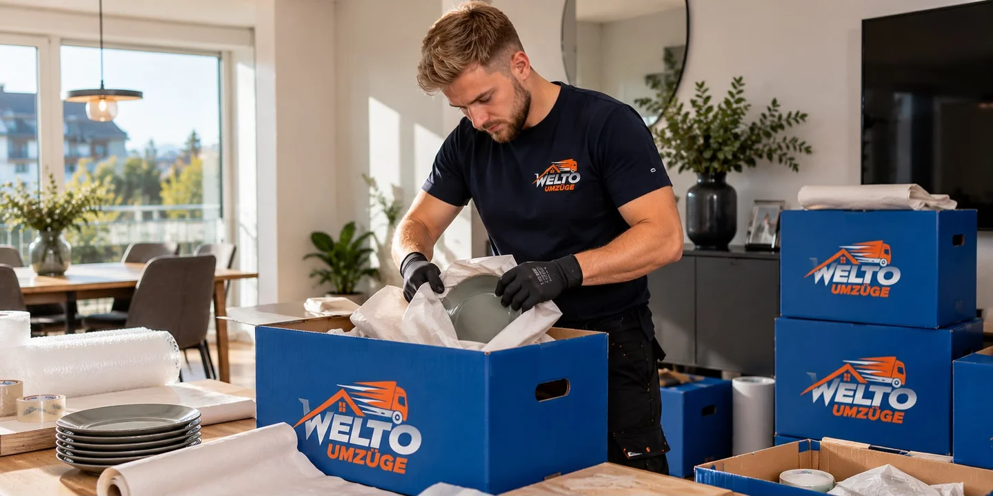 Geschirr wird mit Packpapier in Umzugskisten verpackt